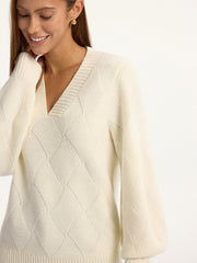Wool-Blend Argyle Textured V-Neck Sweater