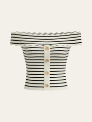 Striped Off-Shoulder Metal Button Knit Top