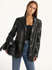 Snake Print Metal Button PU Leather Blazer