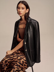 Snake Print Metal Button PU Leather Blazer