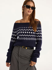 Off-Shoulder Fair Isle Knit Sweater