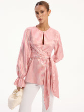 Wrap-Tie Striped Keyhole Blouse