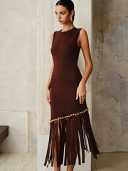 Asymmetric Fringe Metal Bead Detail Maxi Dress