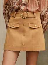 Metal Button Belted Mini Skirt with Decor Pocket