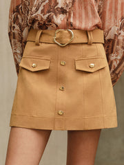 Metal Button Belted Mini Skirt with Decor Pocket