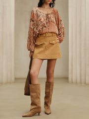 Metal Button Belted Mini Skirt with Decor Pocket