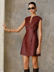 PU Leather Metal Buckle Sleeveless Mini Dress