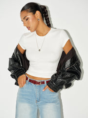 Ribbed Crew Neck Short Sleeve Cotton-Blend Top