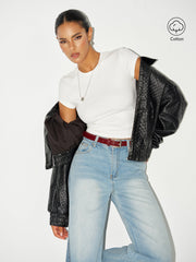 Ribbed Crew Neck Short Sleeve Cotton-Blend Top