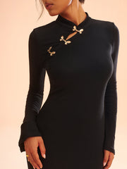 Metal Bow Detail Stand Collar Maxi Dress