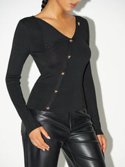 Asymmetric Star-Button Knit Top