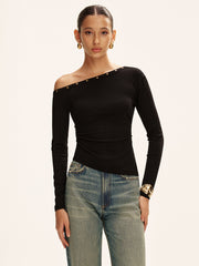 Studded Off Shoulder Long Sleeve T-Shirt