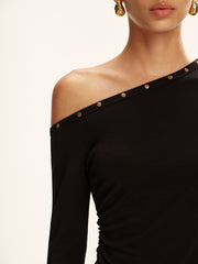 Studded Off Shoulder Long Sleeve T-Shirt