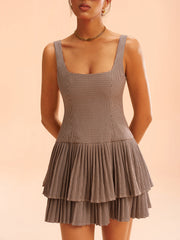 Square Neck Pleated Gingham Tiered Dress