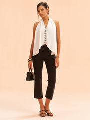 Color-Block Halter Neck Backless Button Top
