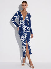 Printed Plunge Neck Slit Midi Dress