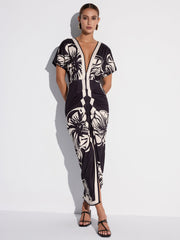 Floral Printed Ruched Deep V-Neck Midi Dress