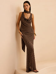Striped Draped Neckline Skirt Set
