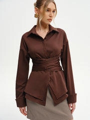 Long-Sleeve Wrap-Waist Back-Bow Shirt