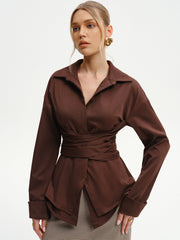 Long-Sleeve Wrap-Waist Back-Bow Shirt