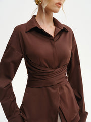 Long-Sleeve Wrap-Waist Back-Bow Shirt