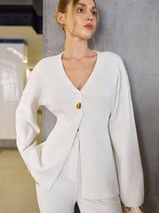 Wool-Blend V-Neck Single-Button Sweater