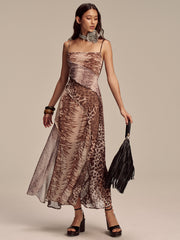 Animal Print Panel Semi-Sheer Mesh Maxi Dress