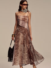 Animal Print Panel Semi-Sheer Mesh Maxi Dress