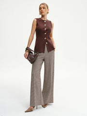 Wool-Blend Sleeveless Button Knit Cardigan