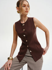Wool-Blend Sleeveless Button Knit Cardigan