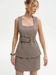 Belted Houndstooth Square-Neck Vest