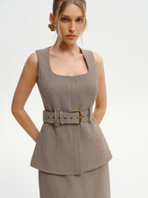 Belted Houndstooth Square-Neck Vest