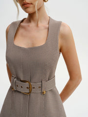 Belted Houndstooth Square-Neck Vest