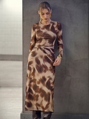 Abstract Print Twisted Mesh Midi Dress