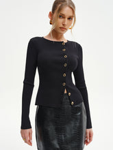 Metal Button Ribbed Knit Cardigan