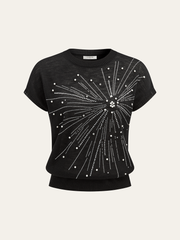 Rhinestone & Pearl Firework Pattern Knit Top