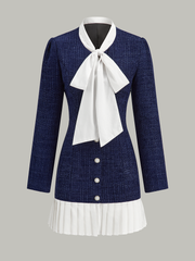 Pleated Hem Bow Neckline Tweed Mini Dress