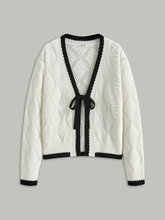 Contrast Trim Tie-Front Knit Cardigan