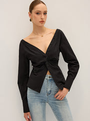 Twisted Front Deep V-Neck Shirt