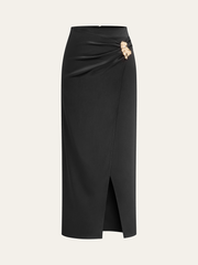 Metal Buckle Satin Slit Midi Skirt