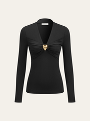 Metal Detail V-Neck Long Sleeve Blouse