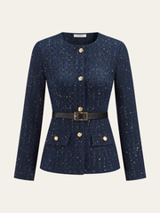 Metal Button Belted Tweed Jacket