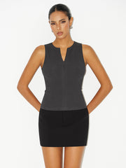 Cotton Blend Ribbed Zip-Front Sleeveless Top