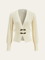 Eyelet-Striped Waist-Cinched Knit Cardigan