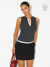 Cotton Blend Ribbed Zip-Front Sleeveless Top