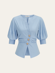 Asymmetric Metal Button Puff-Sleeve Shirt