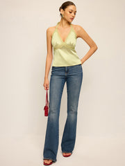 Semi-Sheer Lace Trim Halter Neck Satin Top