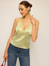 Semi-Sheer Lace Trim Halter Neck Satin Top