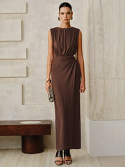 Metal Buckle Sleeveless Ruched Maxi Dress