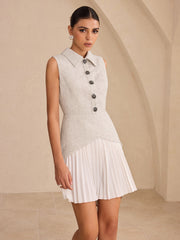 Sleeveless Collared Top Panel Pleated Skirt Mini Dress